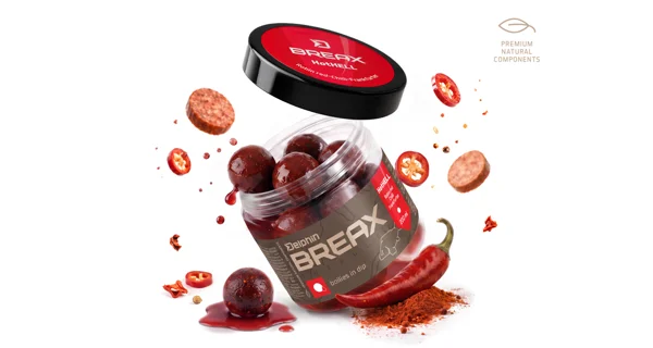 DELPHIN - Boilies v dipu BreaX HotHELL Robin red-Chilli Fr.Klobása 24 mm 200 ml
