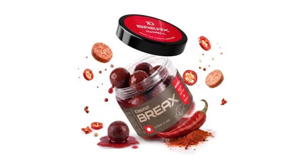 DELPHIN - Boilies v dipu BreaX HotHELL Robin red-Chilli Fr.Klobása 24 mm 200 ml