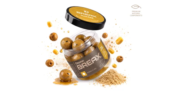 DELPHIN - Boilies v dipu BreaX NutCAKE Tygří ořech Scopex Sladká kukuřice 16 mm 200 ml