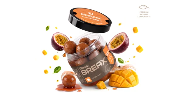 DELPHIN - Boilies v dipu BreaX PassionKRILL Krill Mango 20 mm 200 ml