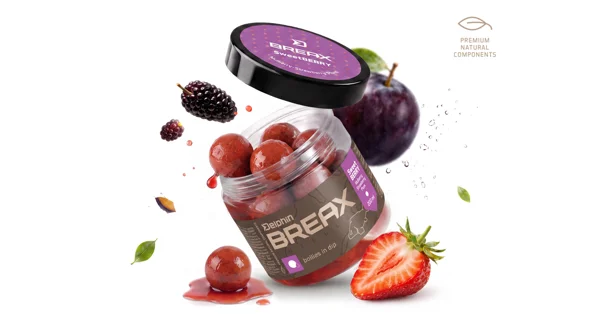 DELPHIN - Boilies v dipu BreaX SweetBERRY Moruše Jahoda Švestka 20 mm 200 ml