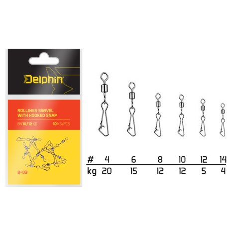 DELPHIN - Karabina na obratlíku Rollings Swivel with Hooked Snap B-03 10 ks BN 10/12 kg