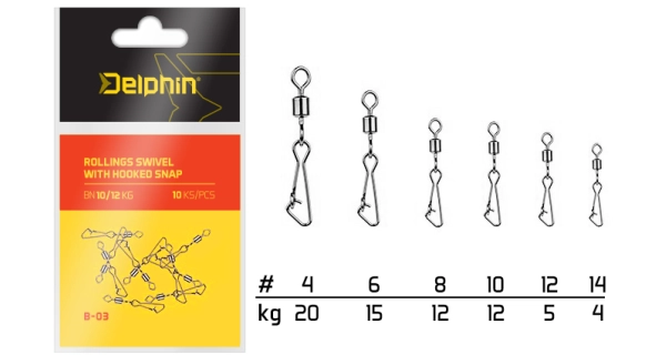 DELPHIN - Karabina na obratlíku Rollings Swivel with Hooked Snap B-03 10 ks BN 14/4 kg