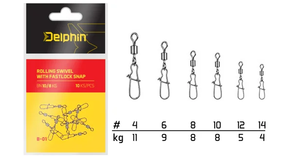 DELPHIN - Karabinka na obratlíku Rolling Swivel with Fastlock Snap B-01 10 ks BN 12/5 kg