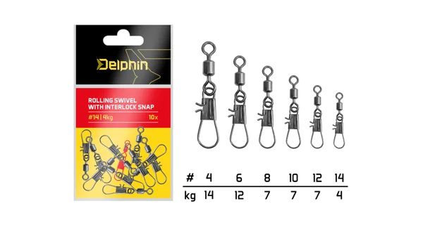 DELPHIN - Karabinka s obratlíkem Rolling Swivel With Interlock Snap vel. 4 14 kg 10 ks