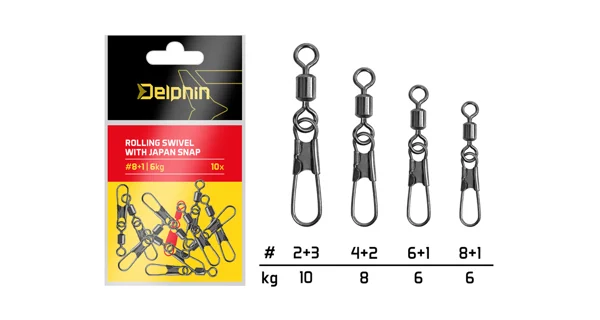 DELPHIN - Karabinka s obratlíkem Rolling Swivel With Japan Snap vel. 4+2 8 kg 10 ks