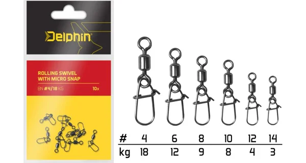 DELPHIN - Obratlík s Karabinkou Rolling Swivel With Micro Snap 10 ks Vel.10 8 kg