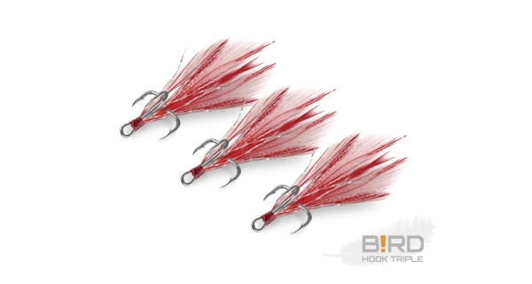 DELPHIN - Trojháček Bird Hook Triple Červená pírka 3 ks vel. 8