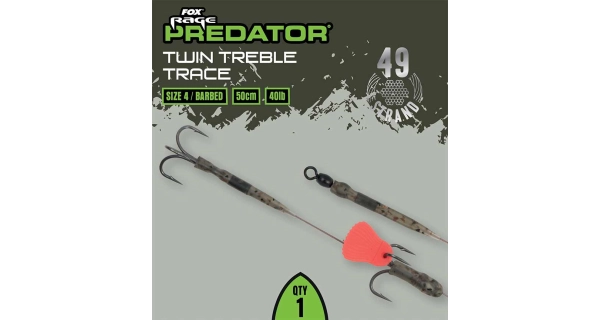 FOX RAGE - Hotový návazec Twin Treble Trace Barbed 40 lb vel. 4