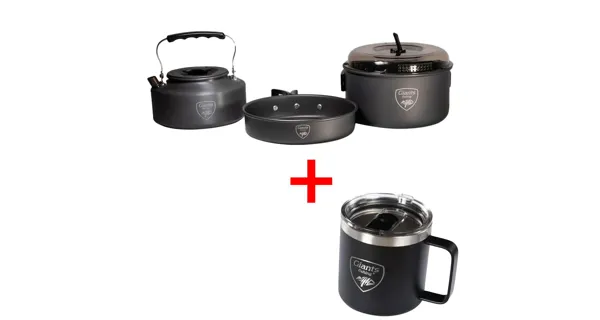 GIANTS FISHING - Akční set Sada nádobí s konvičkou + Nerezový thermo hrnek 400 ml