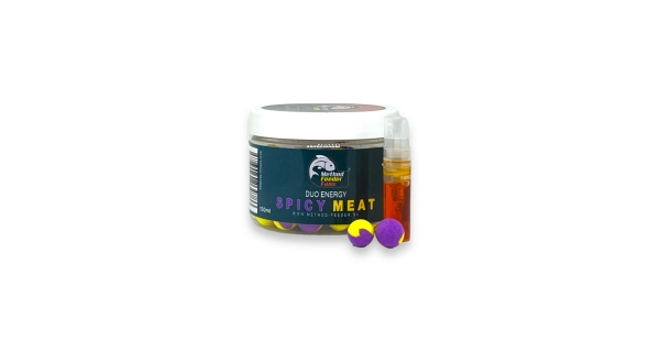 METHOD FEEDER FANS - Plovoucí Boilies Duo Energy Kořeněné Maso 15 mm 150 ml + Sprej Esence 2 ml