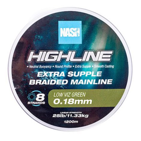 NASH - Pletená šňůra Highline Extra Supple Braid Green 1200 m 0,18 mm 11,3 kg