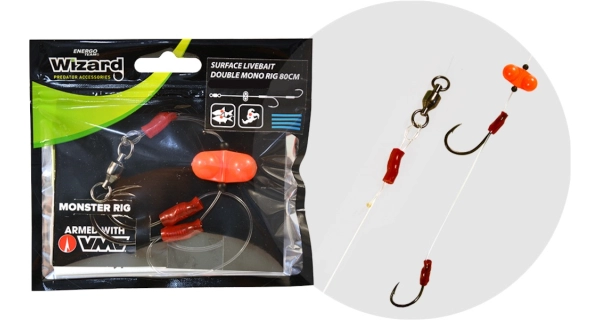WIZARD - Návazec Monster Surface Livebait Double Mono Rig Classic vel. 7/0 9/0